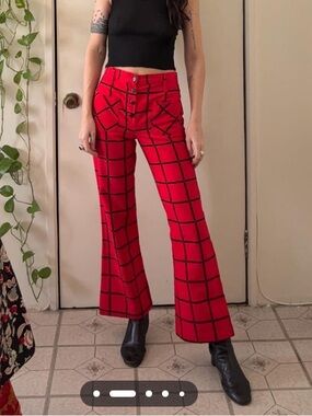 Vintage 70s High-Waisted Red Grid Flare Pants